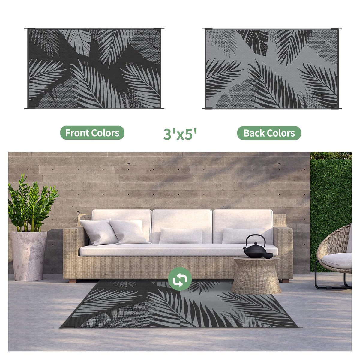 GENIMO palm leaf reversible rug; double-sided design for versatile outdoor styling