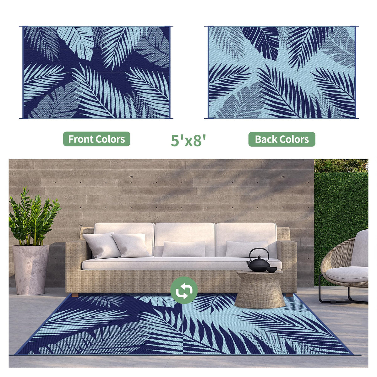 GENIMO outdoor rug 5x8 with baby blue reversible side for two styles