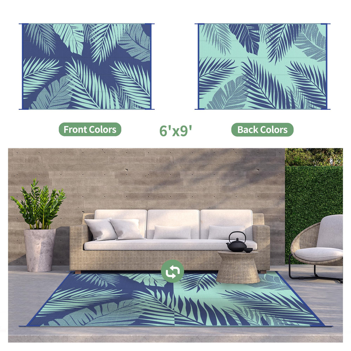 GENIMO outdoor rug with blue-green pattern, double-sided design for versatile decor