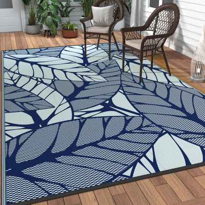 GENIMO outdoor rug 6x9 front view showing blue-and-white reversible weave for patios