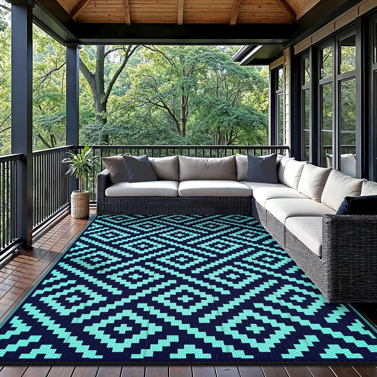 GENIMO outdoor rug 6x9 jade green reversible pattern for versatile styling.