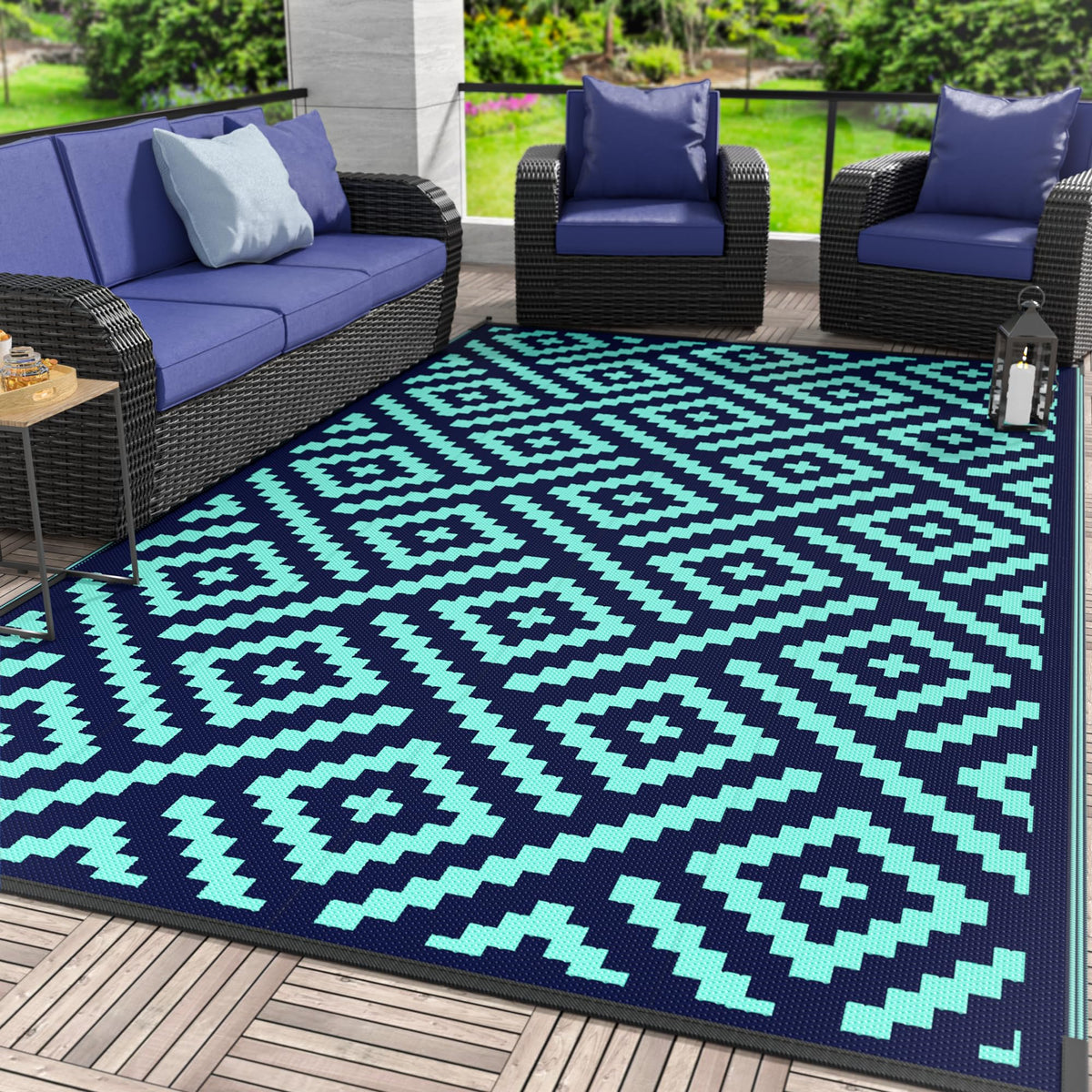 GENIMO outdoor rug 6x9 navy blue on patio—durable, weather-ready for outdoor living.