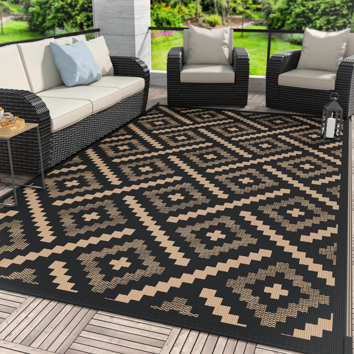 GENIMO Outdoor Rug 6x9 on patio demonstrates extended lifespan with dual patterns for flexible outdoor styling.