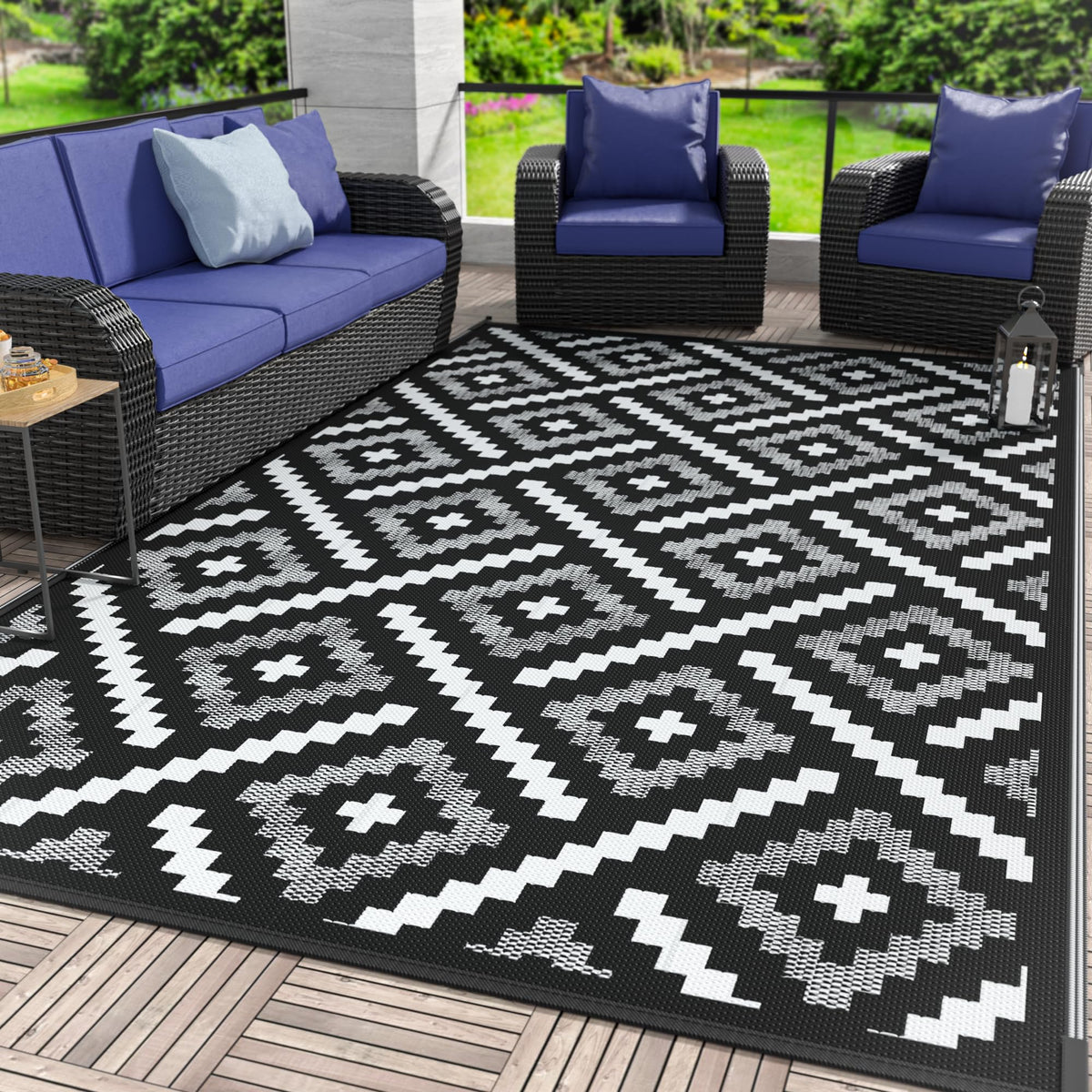 GENIMO outdoor rug 6x9 patio setup, durable for decks and balconies.