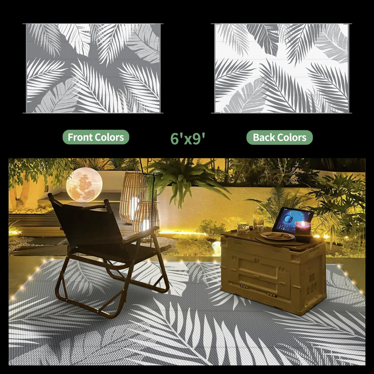 GENIMO reversible rug shows dual patterns for flexible outdoor styling.