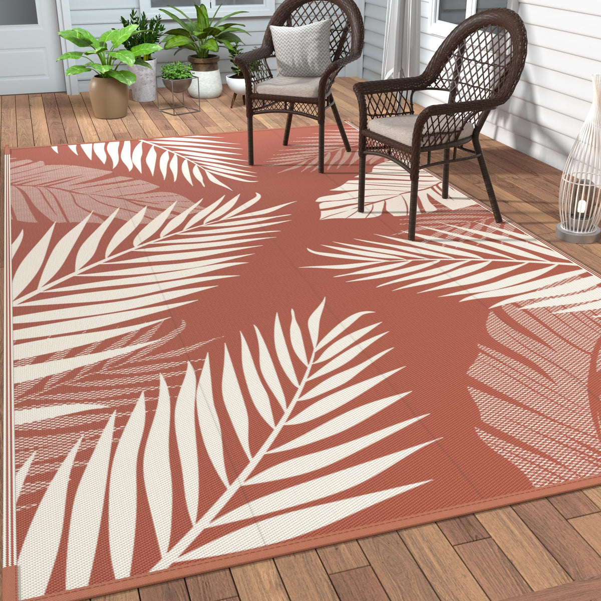 GENIMO outdoor rug palm leaf pattern in brick red, ideal for patio decor.