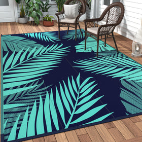 GENIMO outdoor rug 8x10 in navy blue and jade green for patios and decks.
