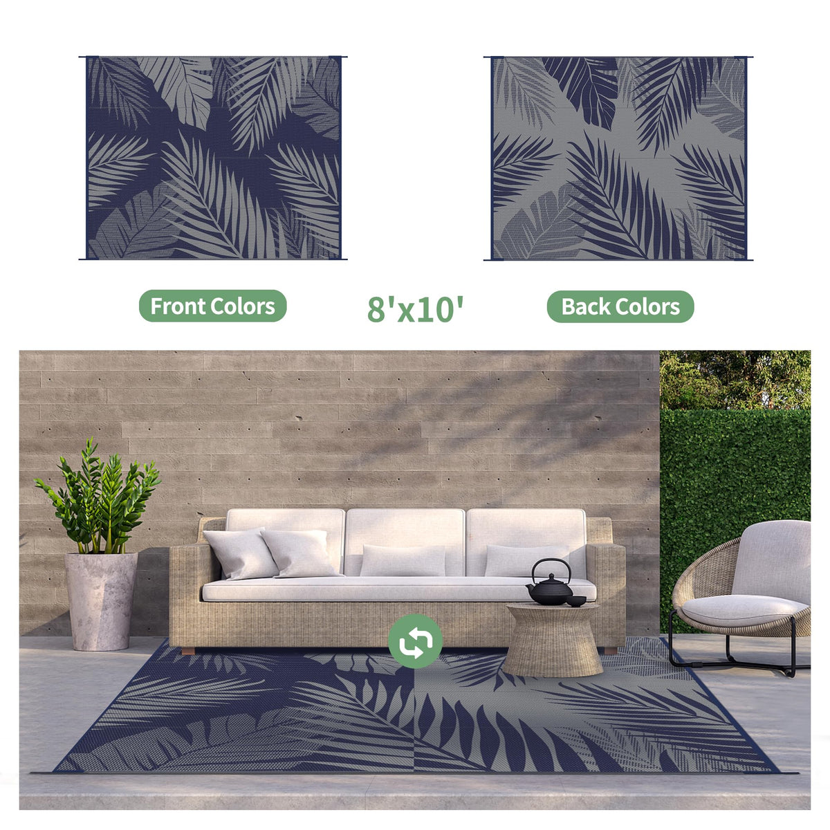 GENIMO outdoor rug palm leaf design, reversible pattern for versatile patio styling.