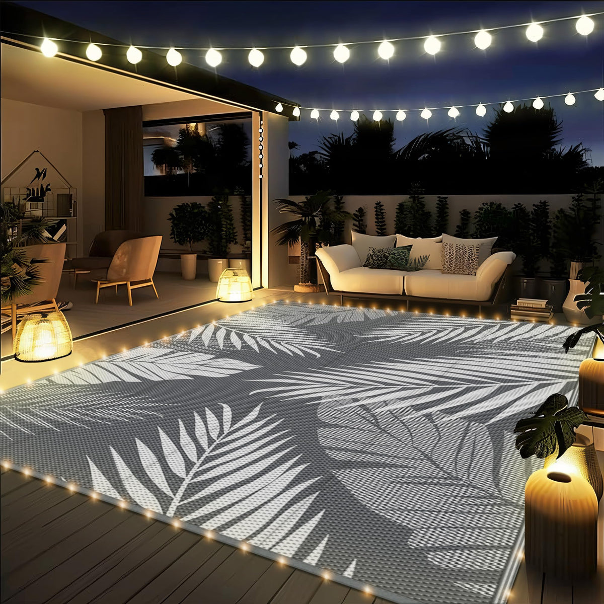 GENIMO 8x10 outdoor rug on patio, waterproof and easy to clean.