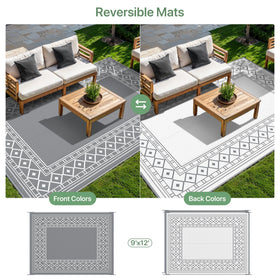 GENIMO outdoor rug 9x12 with four stakes keeps it secure on breezy decks