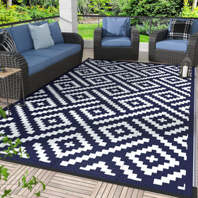 GENIMO navy blue outdoor rug for patios and decks, hides dirt.