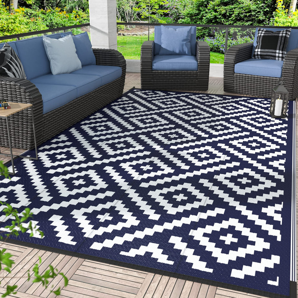 GENIMO navy blue outdoor rug for patios and decks, hides dirt.