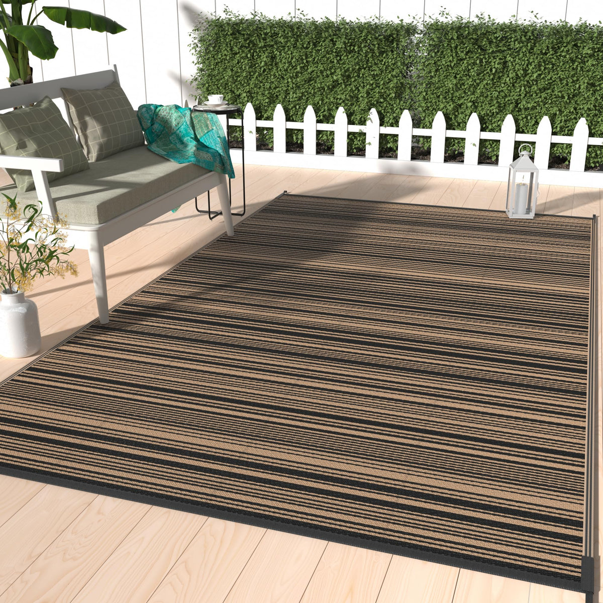 GENIMO Outdoor Rug 9x12ft waterproof reversible design protects decks and hides dirt.