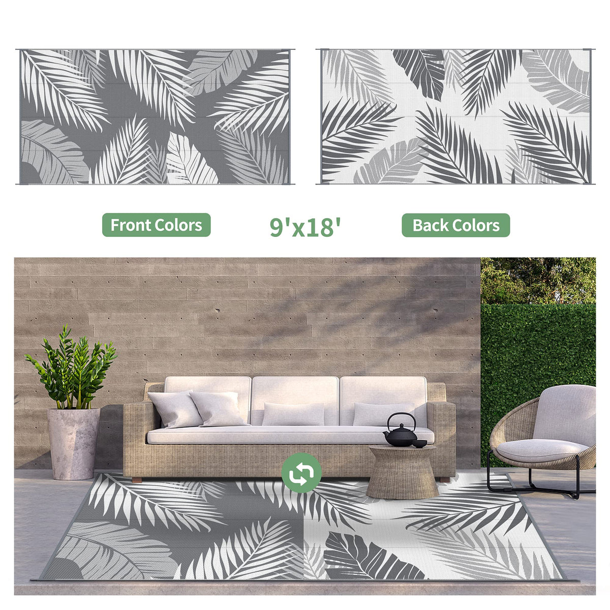 GENIMO 9x18 grey and white reversible pattern complements any exterior space.