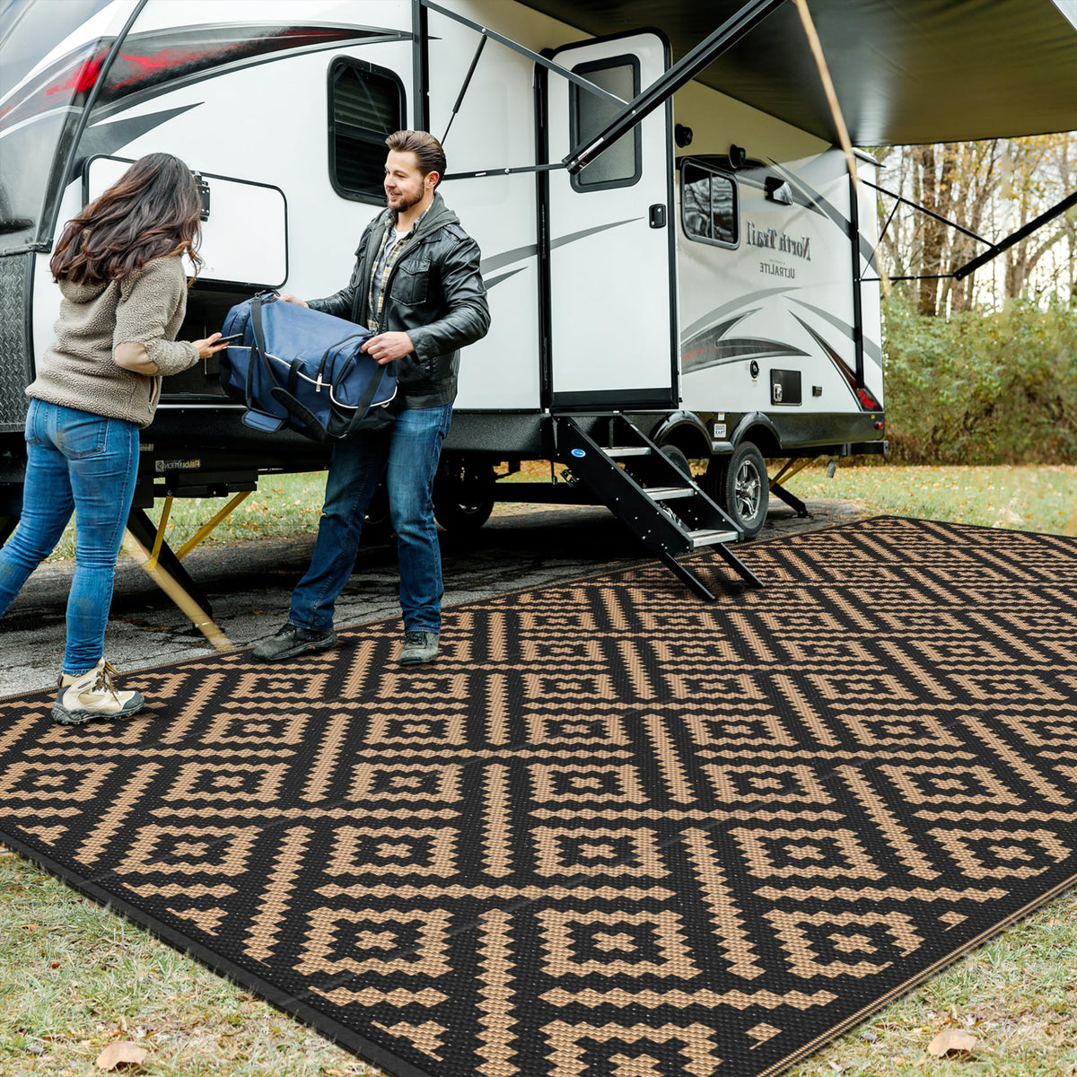 GENIMO outdoor rug 9x18 on patio, highlighting waterproof durability.