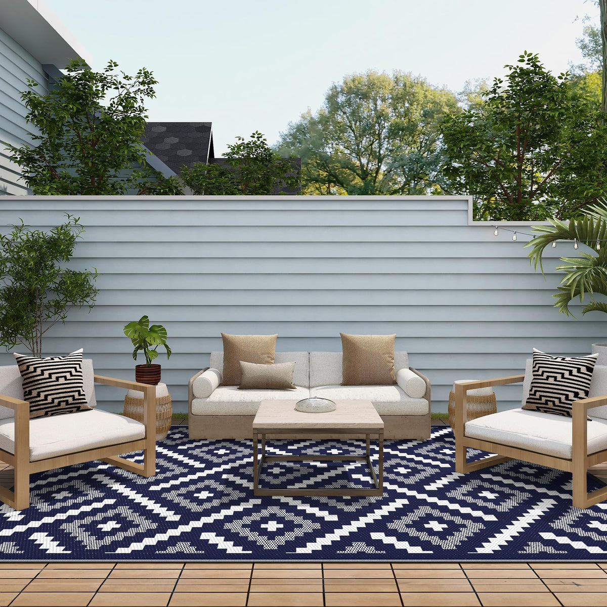 GENIMO outdoor rug on balcony or deck, weatherproof and stain resistant.