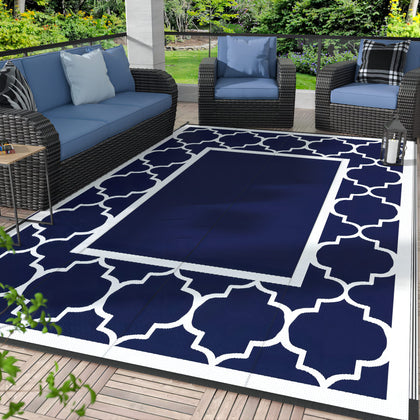 GENIMO blue and white 4x6 outdoor rug, waterproof for patios.