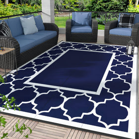 GENIMO outdoor rug blue and white full layout ideal for patio or deck.