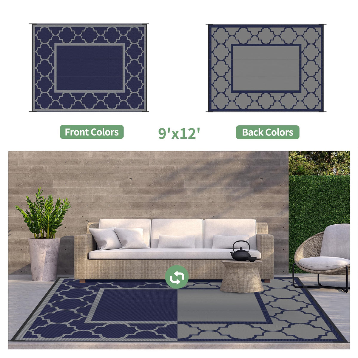 GENIMO blue-white motif rug complements patio and porch areas