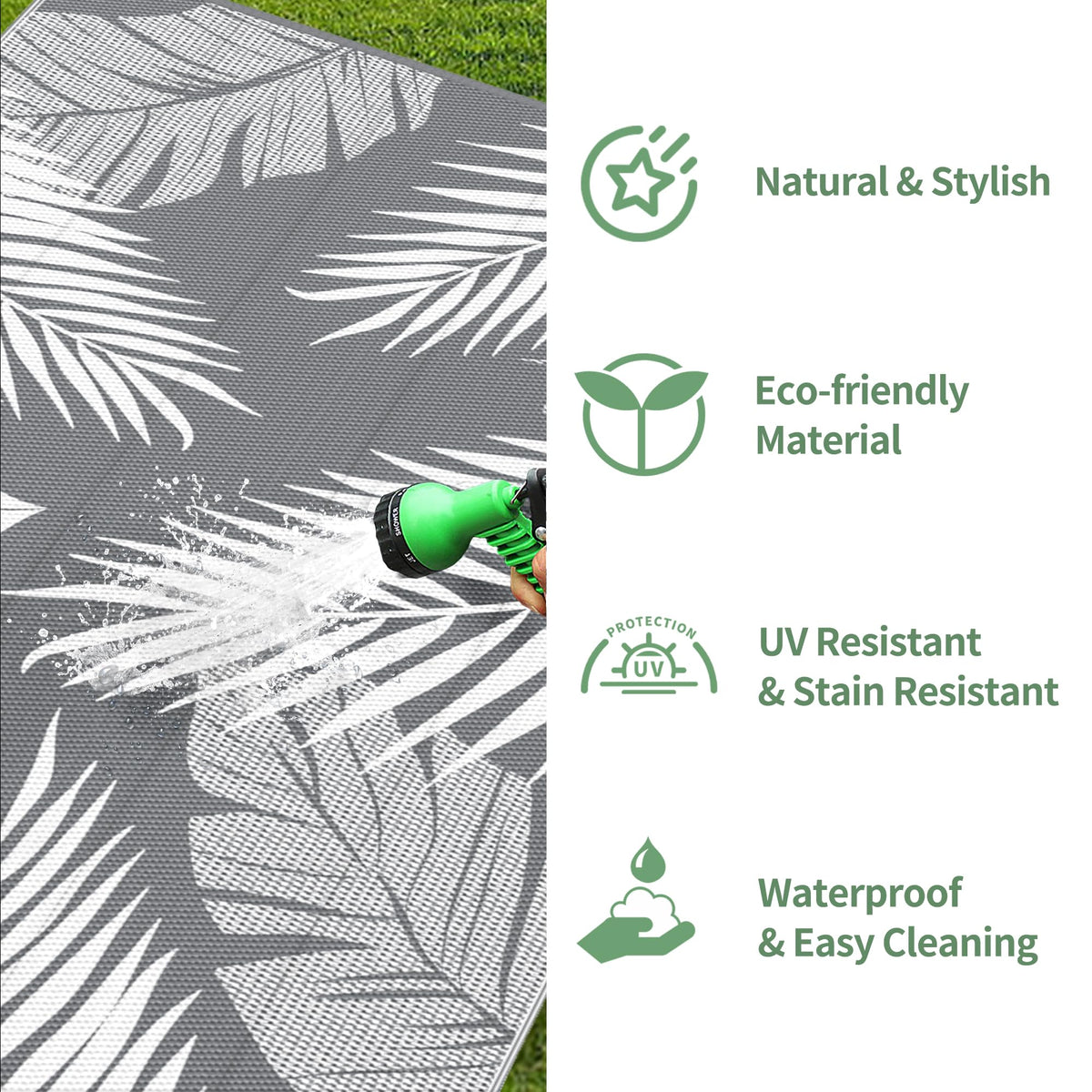 GENIMO Outdoor Rug has corner loops and stakes to secure it outdoors
