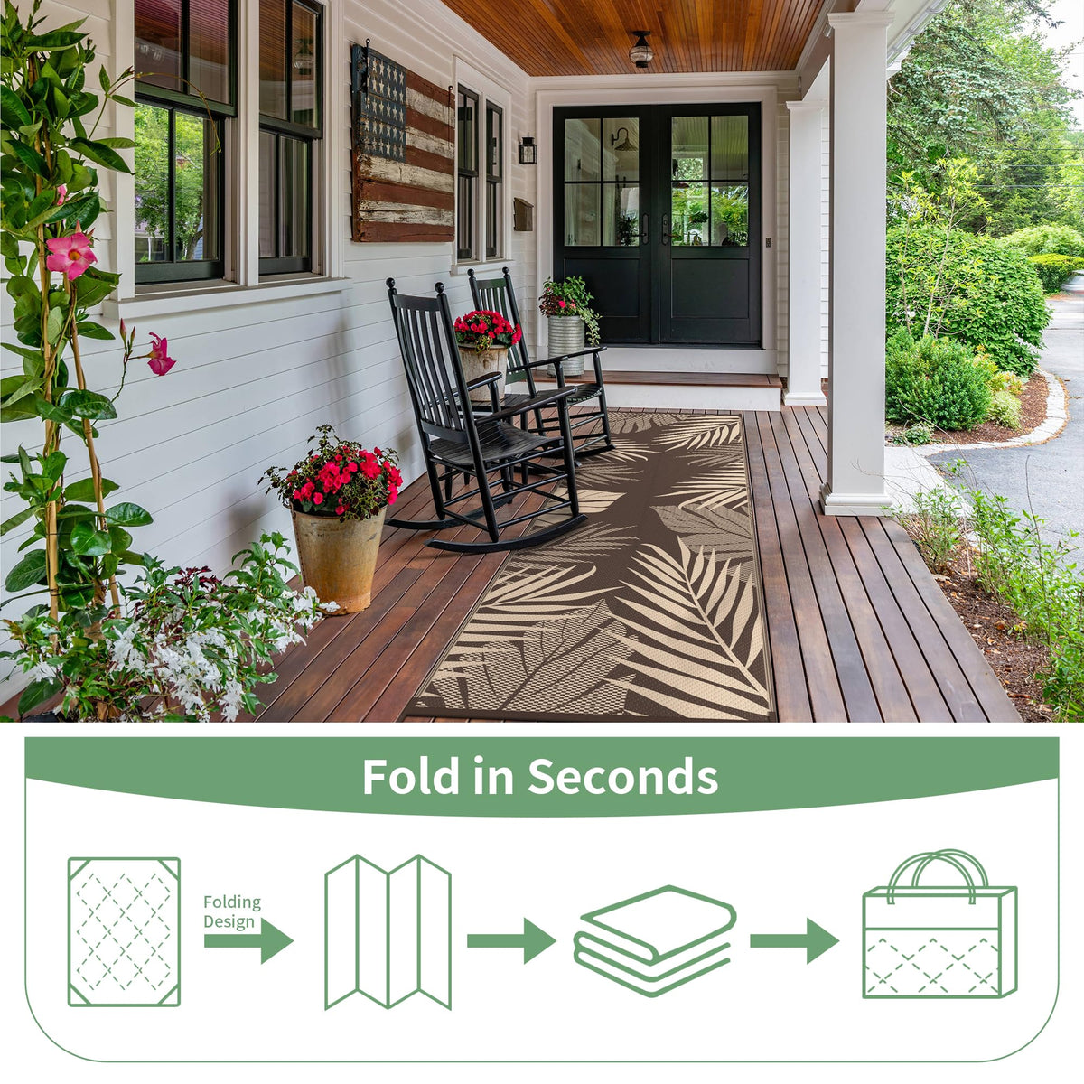GENIMO outdoor rug features corner loops and stakes for secure placement.