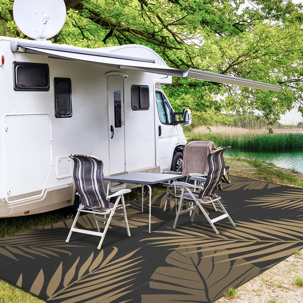 GENIMO rug features corner loops and stakes to stay put on windy decks.