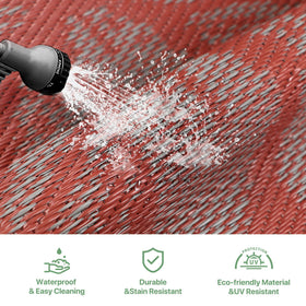 GENIMO rug features corner loops and stakes to stay in place outdoors.