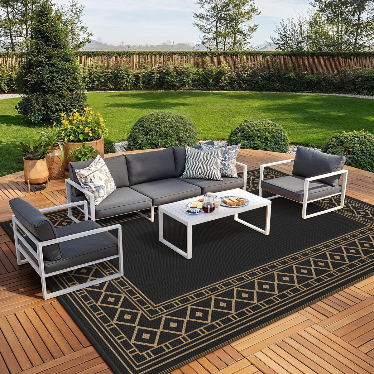 GENIMO outdoor rug with diamond frame design for patio and deck, durable and weather resistant.