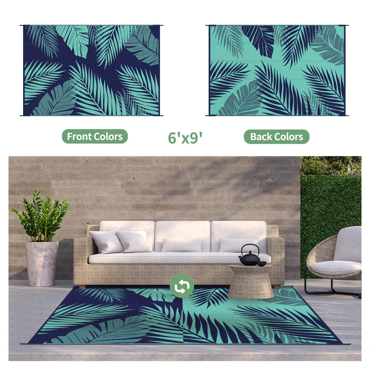 GENIMO double-sided palm leaf rug showing two color patterns for versatile styling