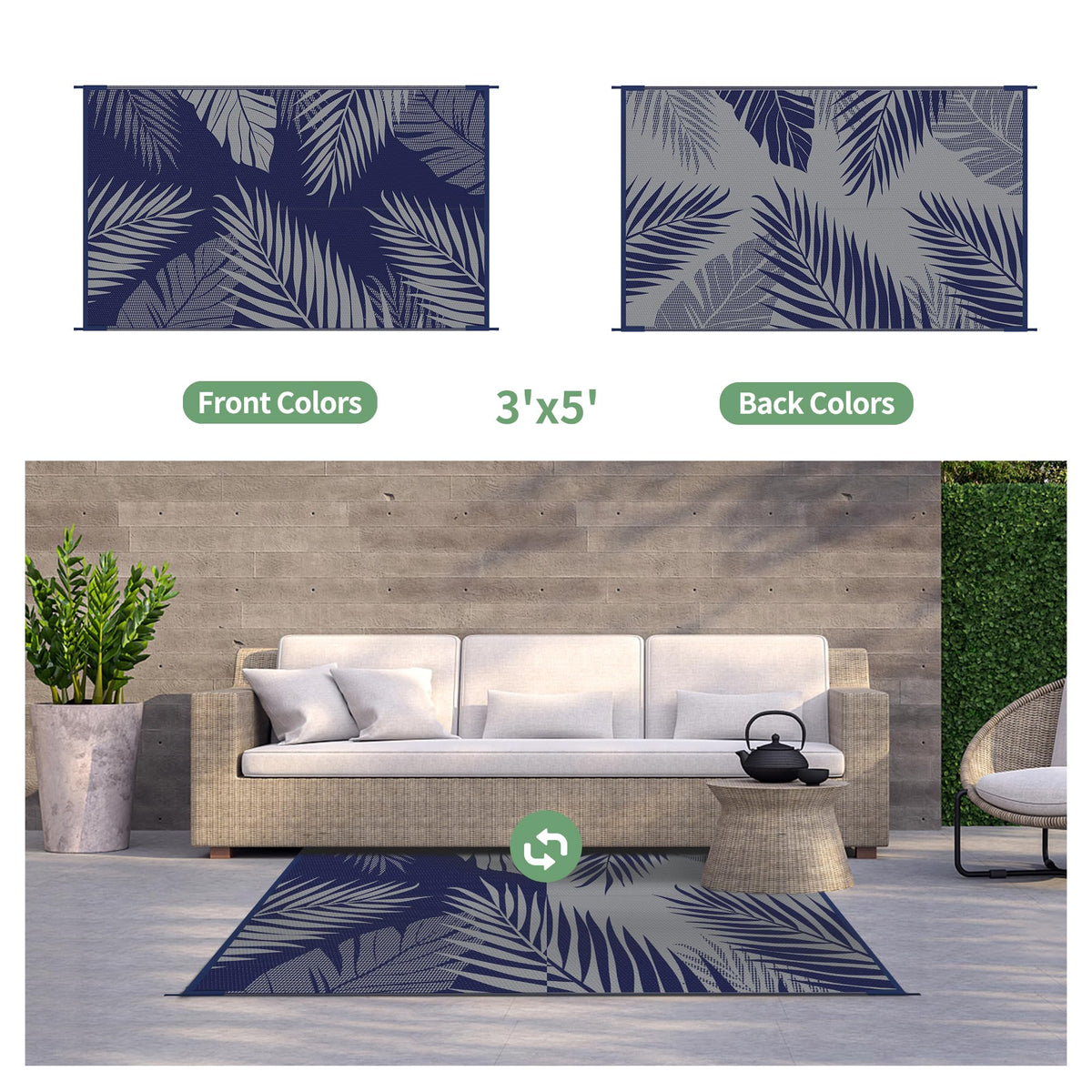 GENIMO reversible outdoor rug with double-sided palm leaf pattern for versatile styling