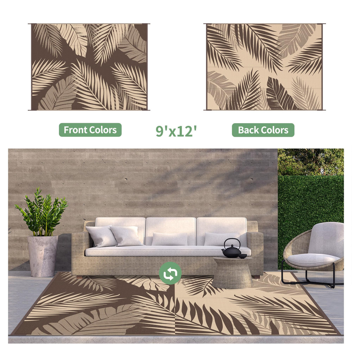 GENIMO outdoor rug highlighting its double-sided pattern for versatile styling