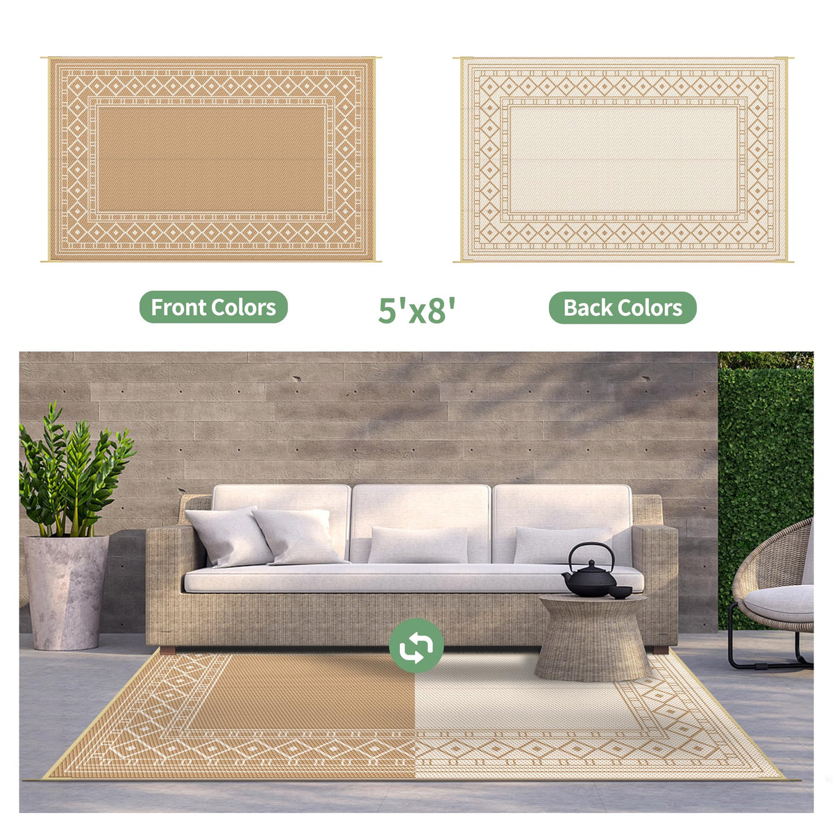 GENIMO outdoor rug double-sided weave offers versatile styling options.
