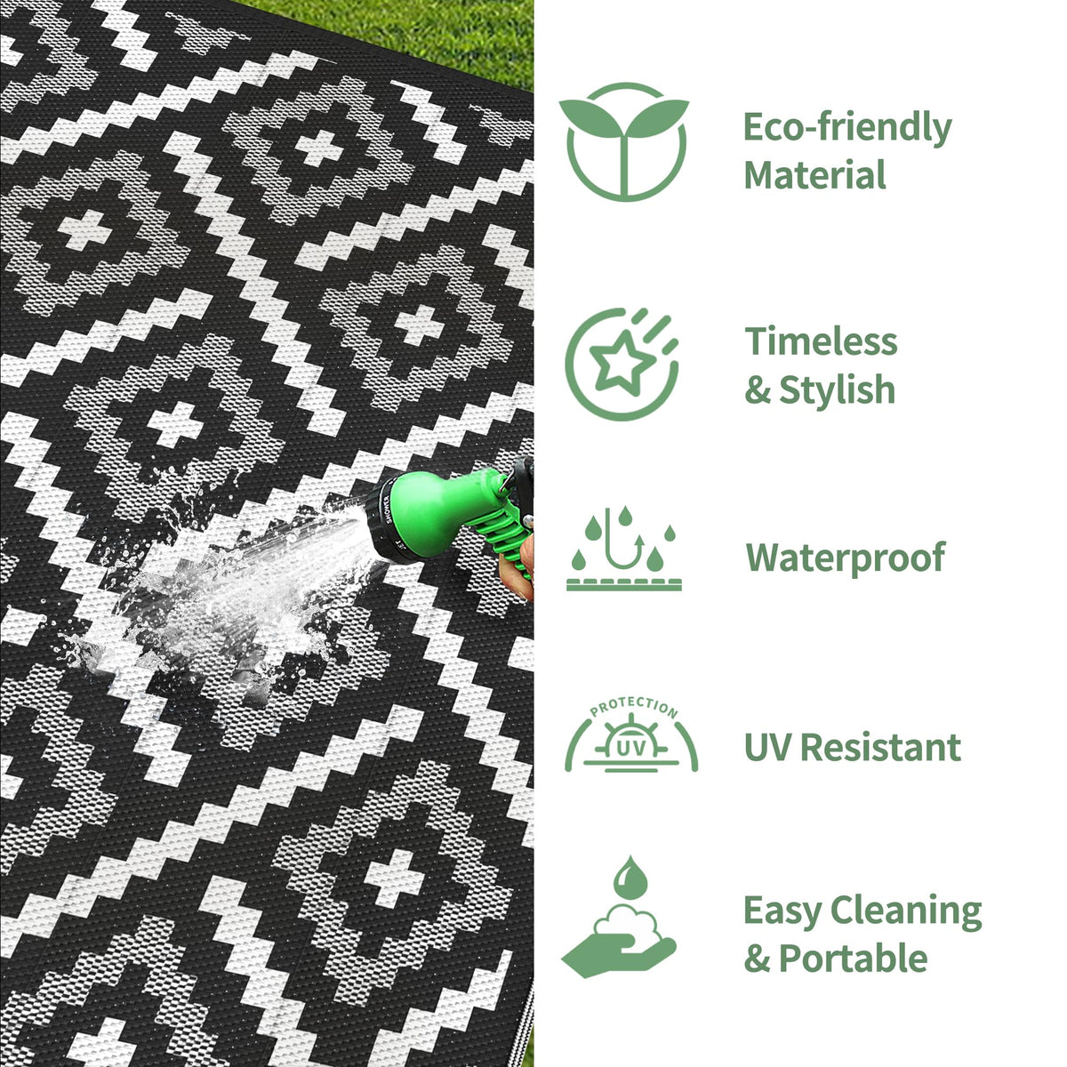 GENIMO outdoor rug easy-clean surface dries quickly after outdoor use.
