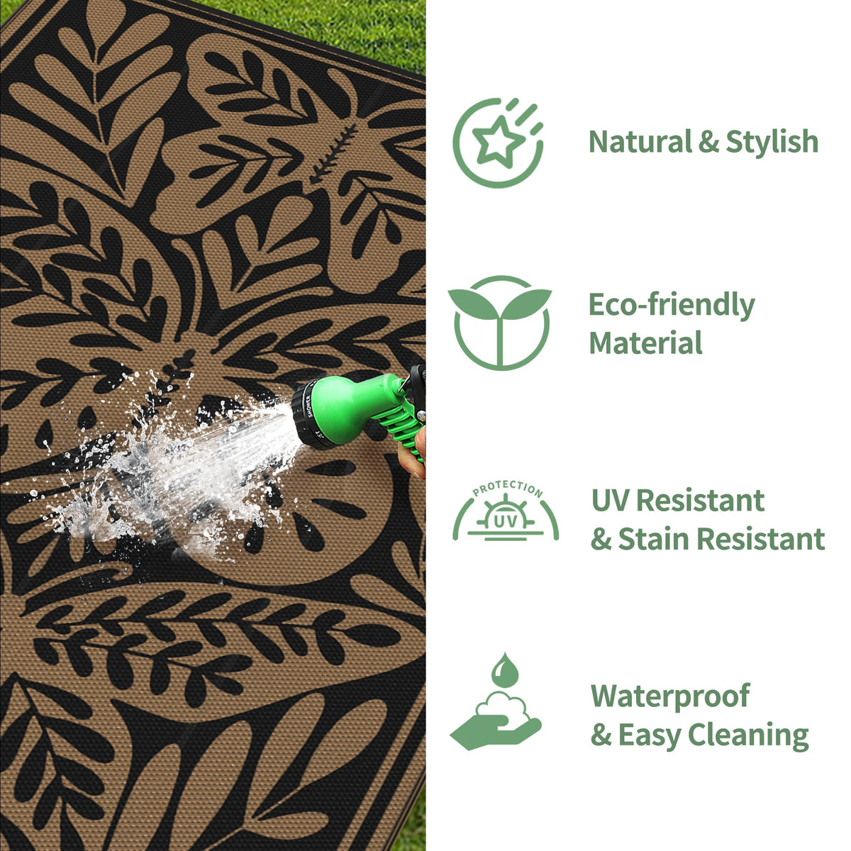 GENIMO outdoor rug easy to wipe clean or hose down after spills.