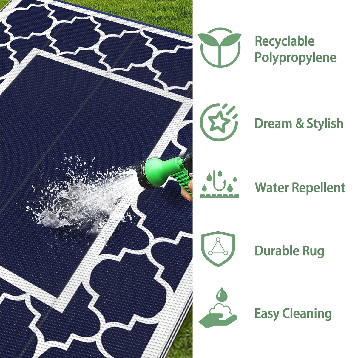 GENIMO foldable rug with durable weave resists wear outdoors.