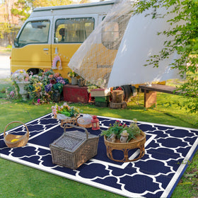 GENIMO outdoor rug folded for portability fits in luggage.
