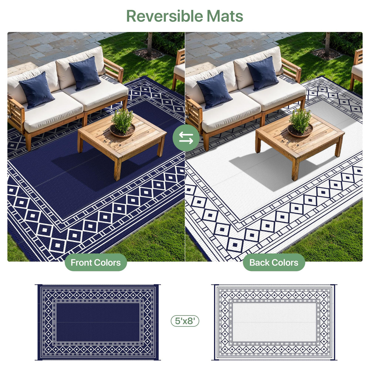 GENIMO outdoor rug four-stakes secure setup on windy decks or campsites