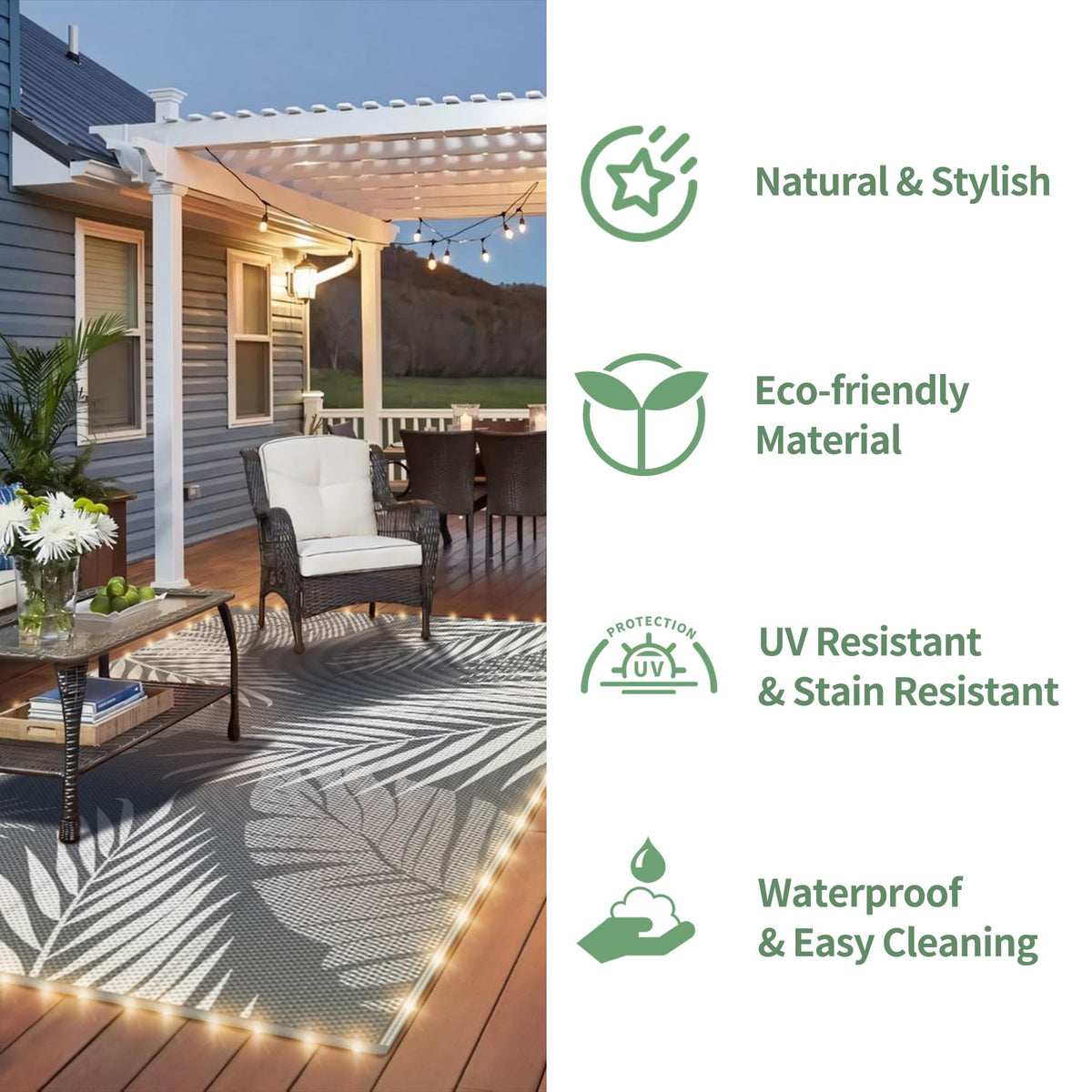 GENIMO rug includes LED light for ambient evenings outdoors.