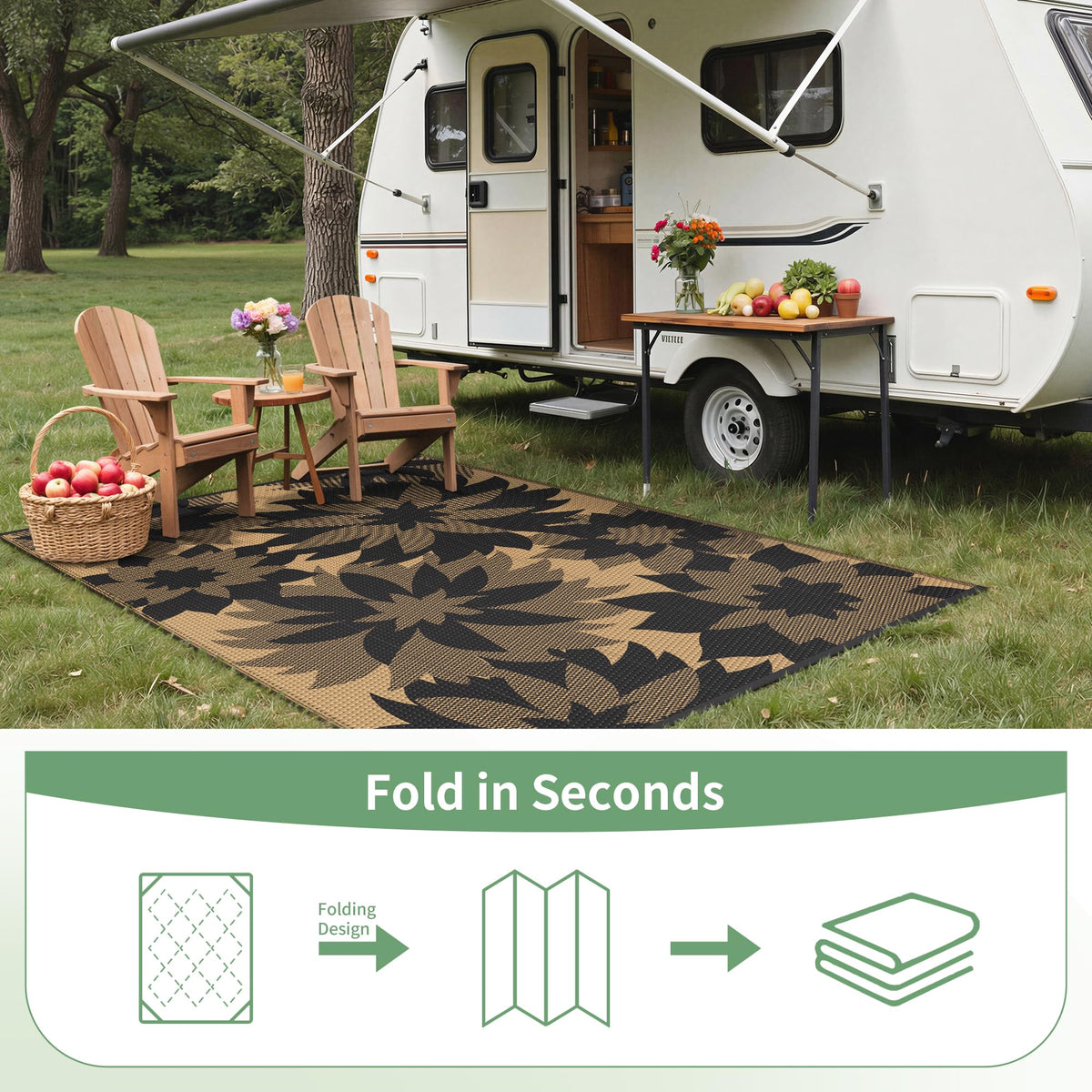 GENIMO lightweight, recyclable plastic straw rug ideal for travel and storage.