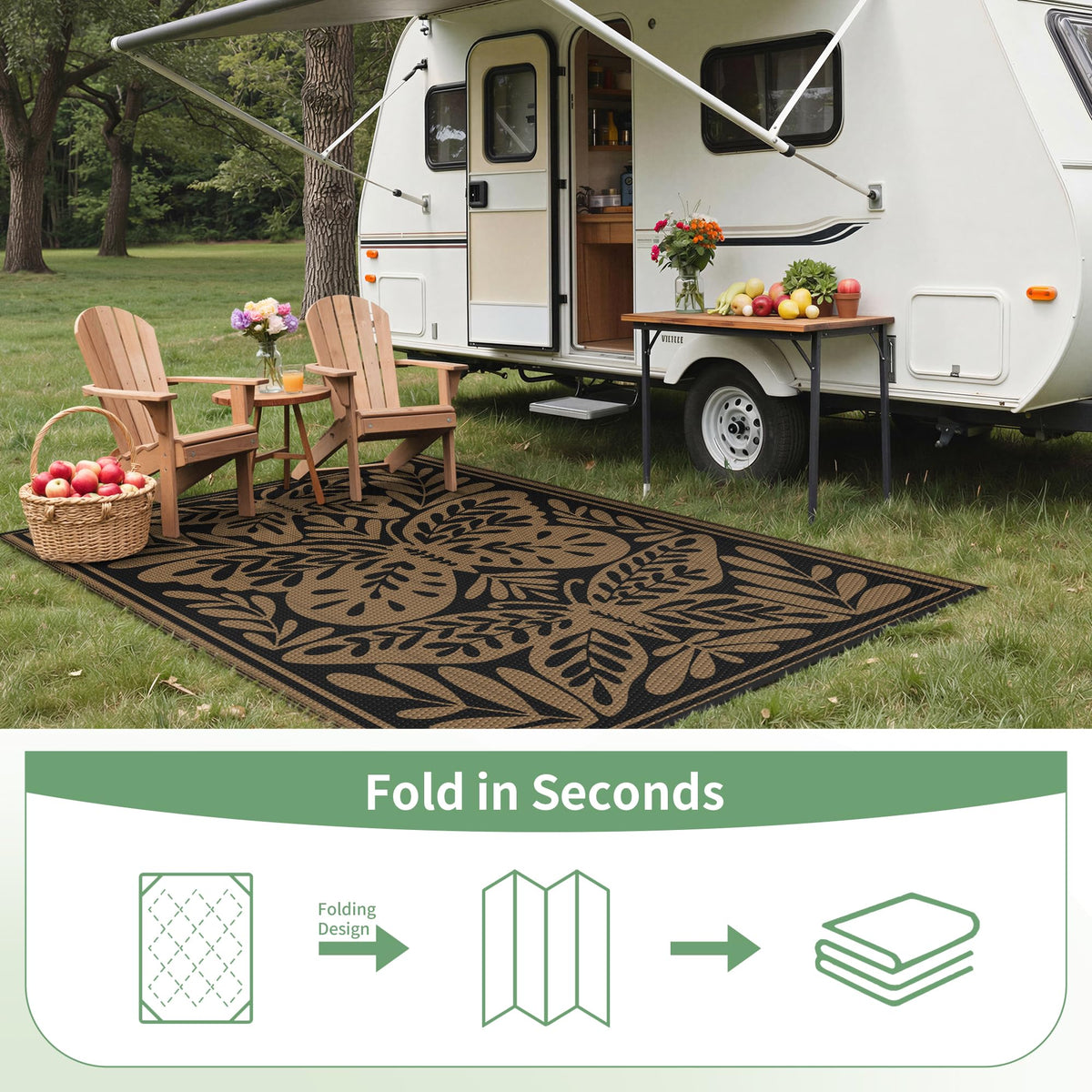 GENIMO outdoor rug lightweight and portable for camping, RVs, and picnics.