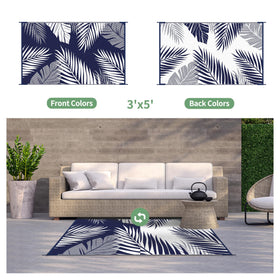 GENIMO navy blue and white rug adds bold, fade-resistant color to patios.