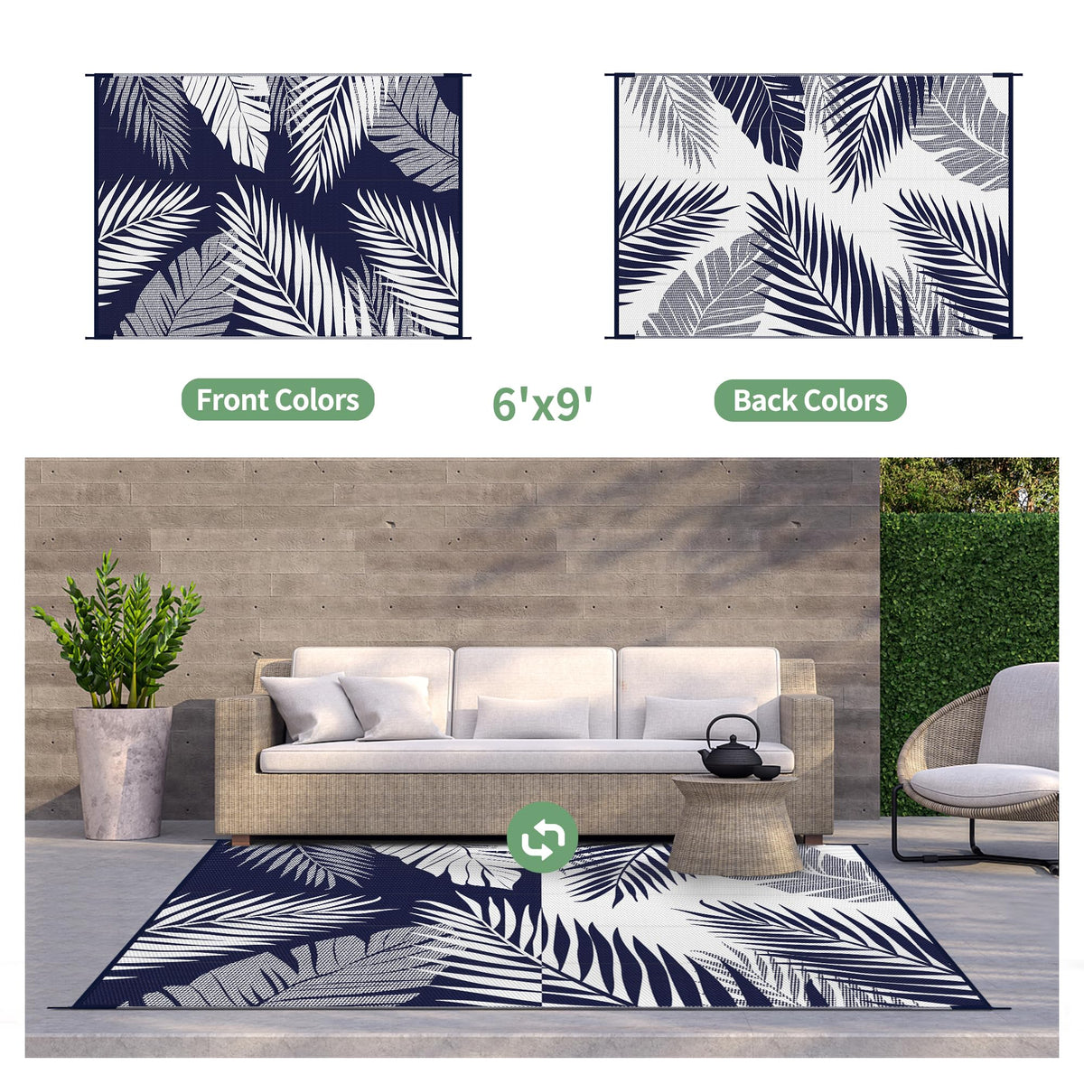 GENIMO navy white palm rug adds coastal vibe to decks.