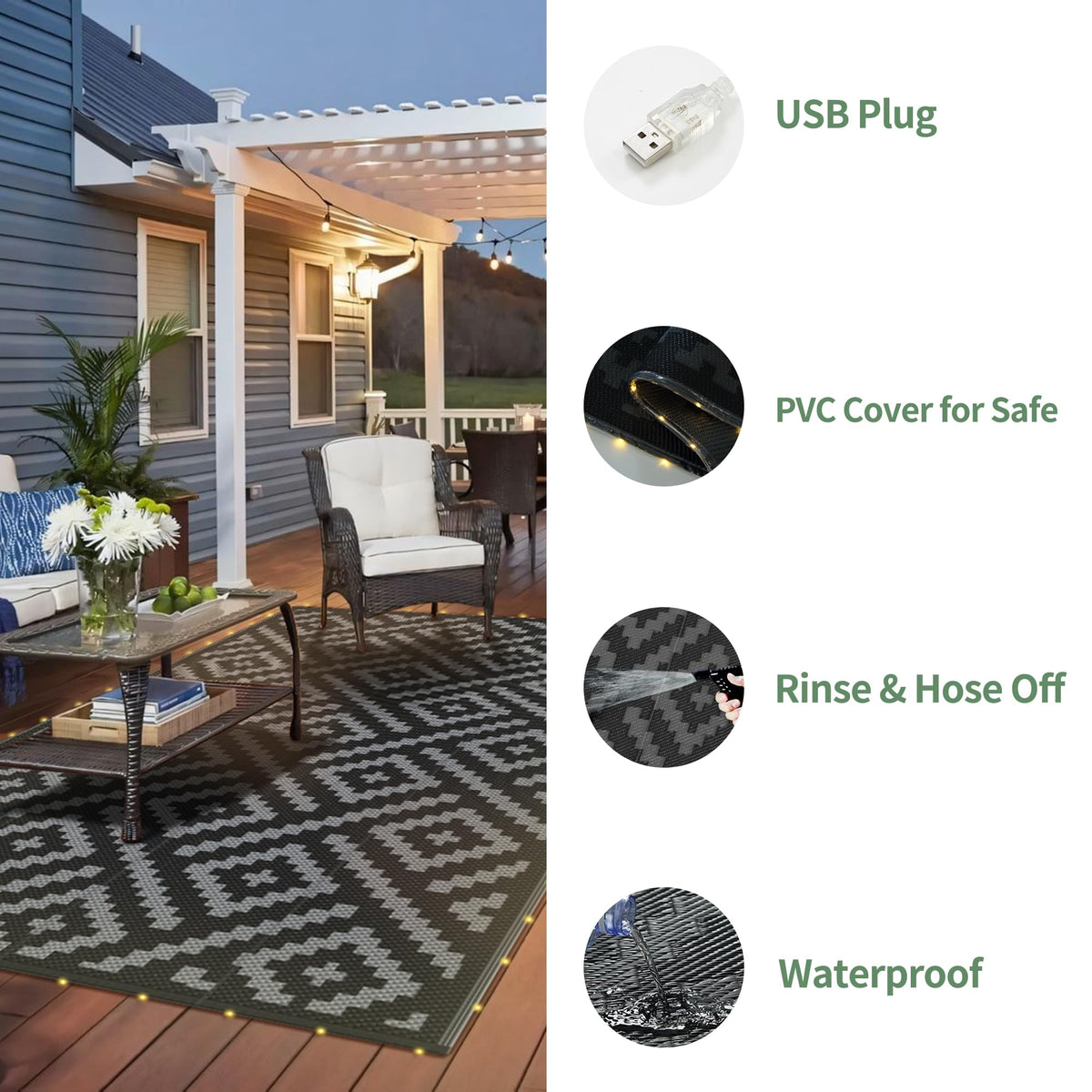 GENIMO rug with non-slip backing stays stable on decks.