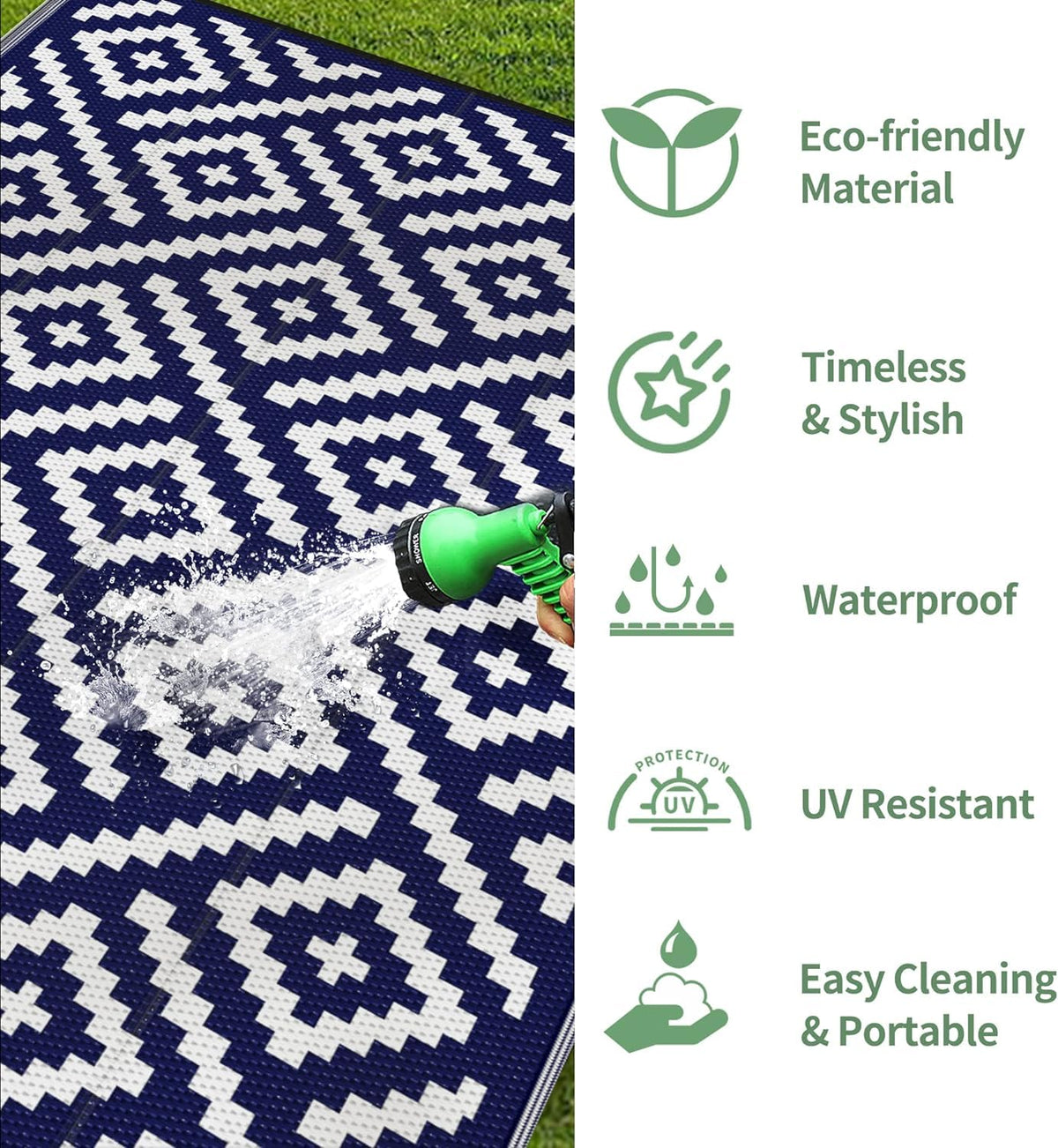 GENIMO outdoor rug with non-slip grid backing and water drainage capability.