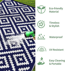 GENIMO outdoor rug with non-slip grid backing and water drainage capability.
