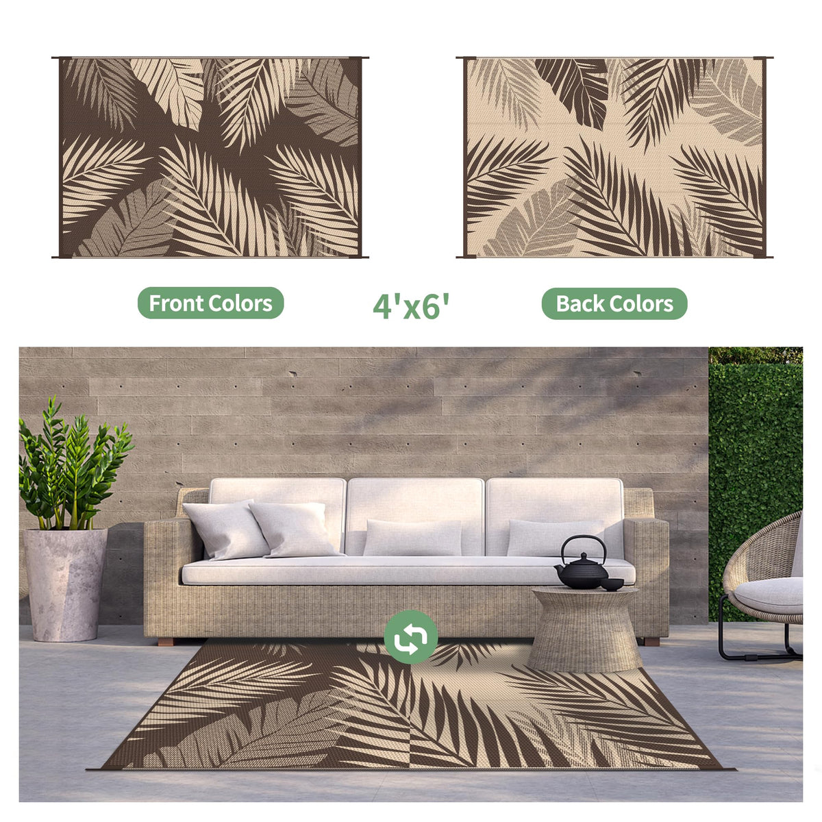 GENIMO palm-leaf double-sided rug pattern for versatile outdoor décor.