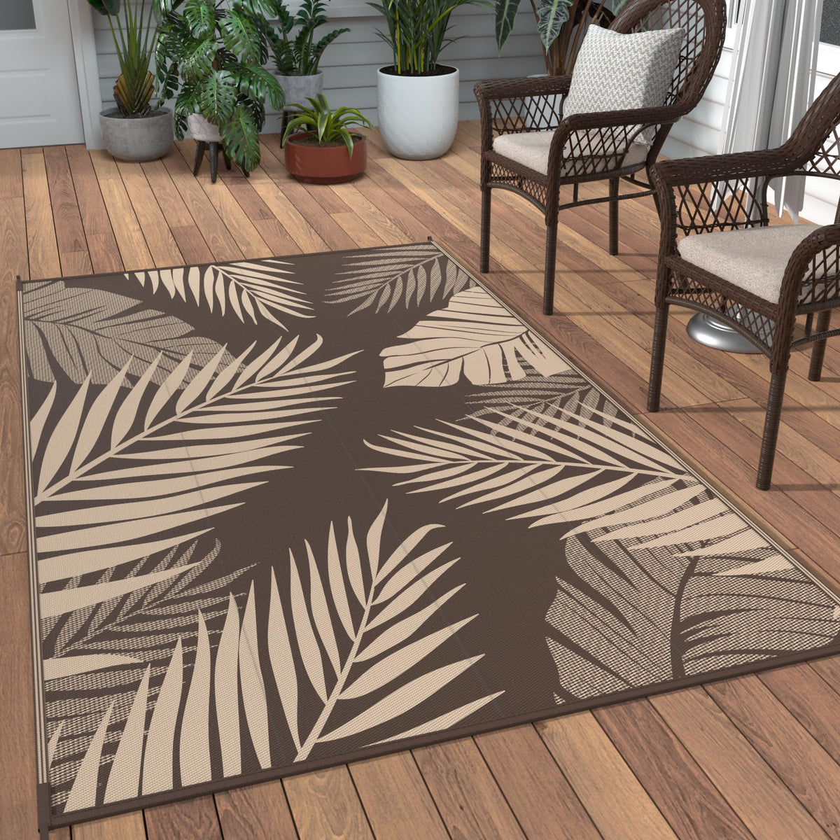 GENIMO outdoor rug with palm leaf double-sided pattern for versatile patio décor.
