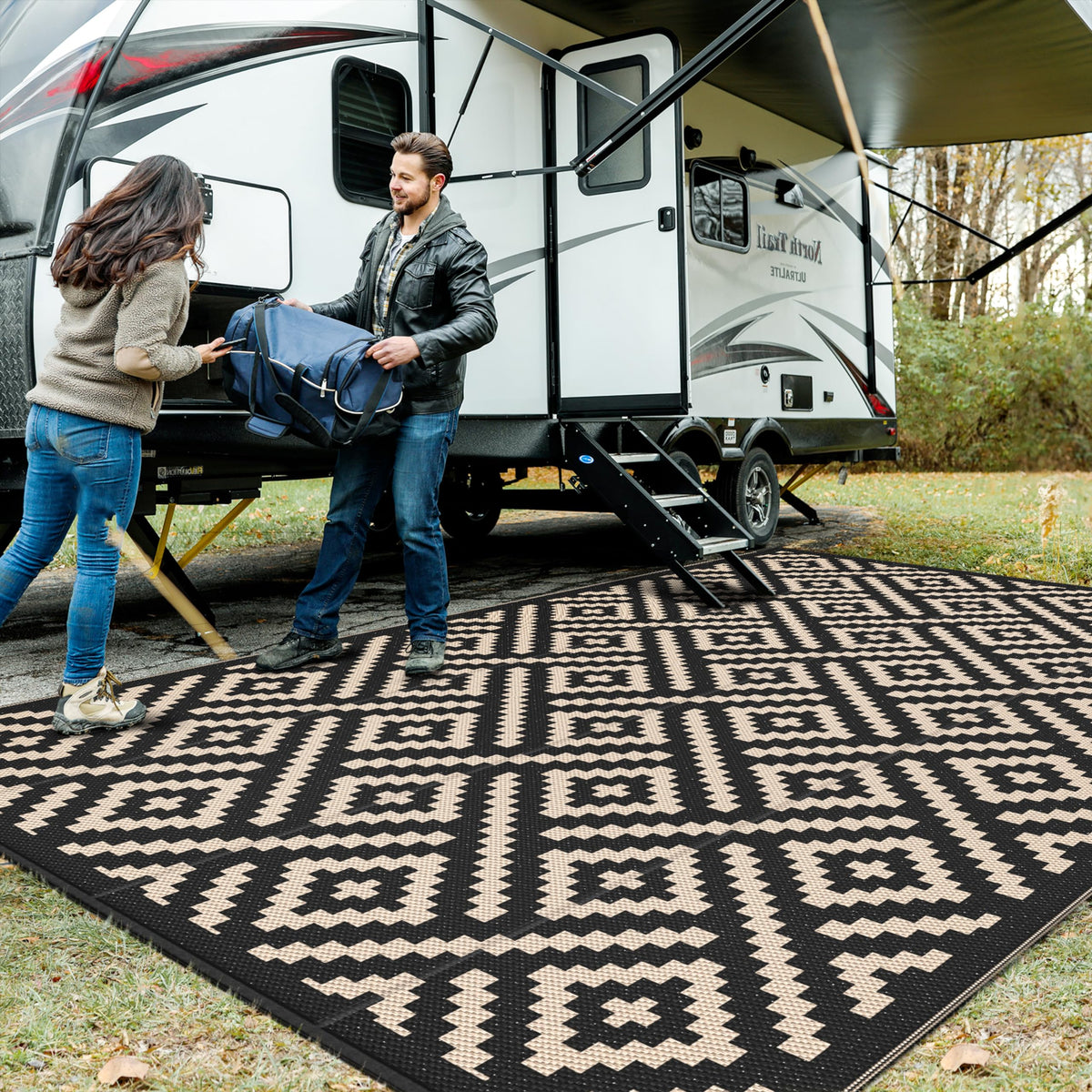 GENIMO outdoor rug on a sunny patio showing 10x14 size for clean outdoor spaces