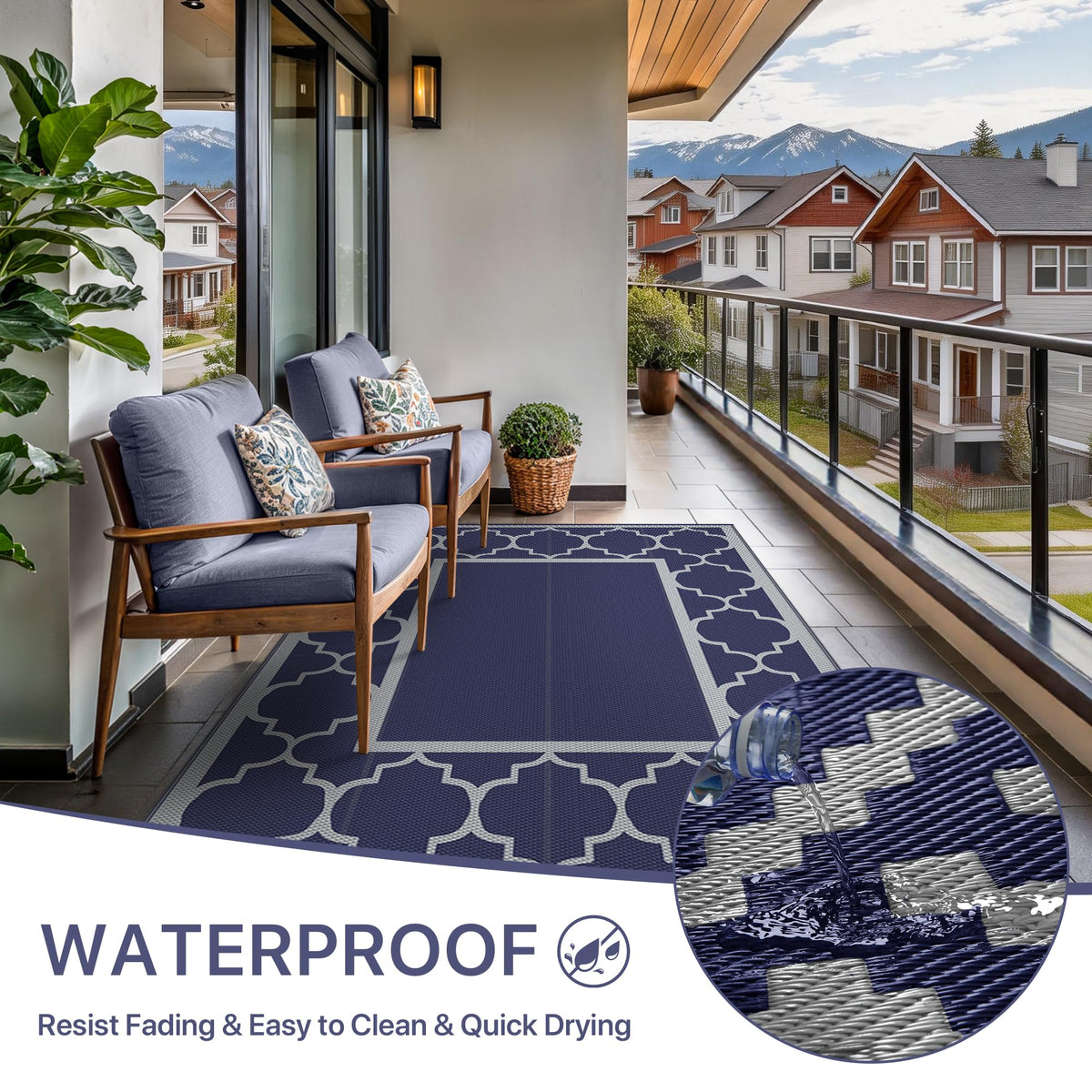 GENIMO rug complements patio furniture with its timeless blue accents.