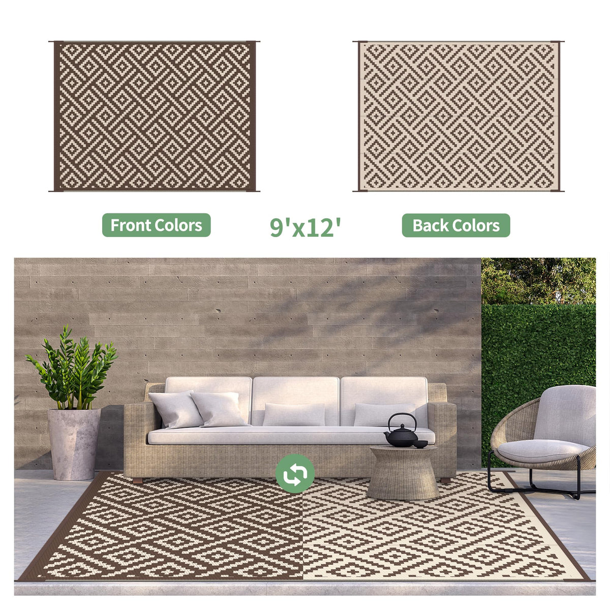 GENIMO outdoor rug on a wood patio demonstrates easy care and fast-drying surface.